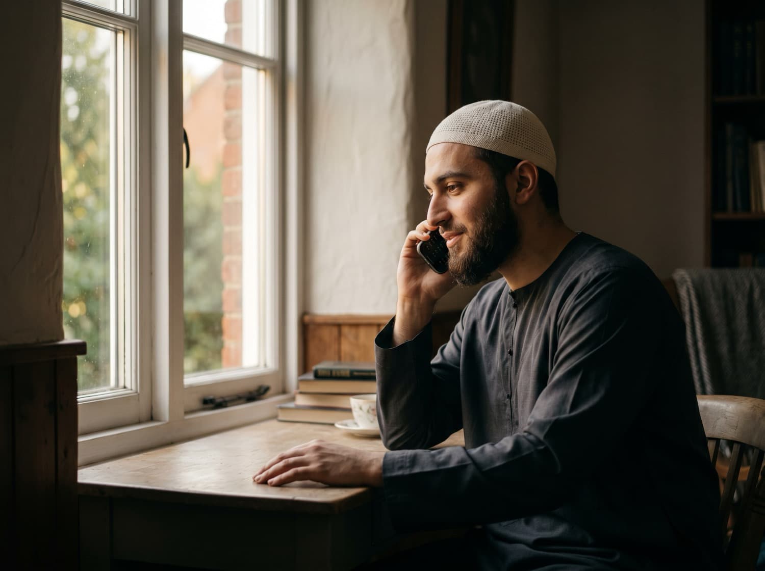 Moslimman in gesprek aan de telefoon